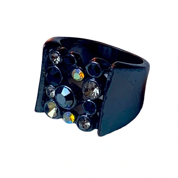 Vintage Gabriel & Co Black Plated Crystal Stone Wide Band Men’s Ring Jewelry - Picture 2 of 6